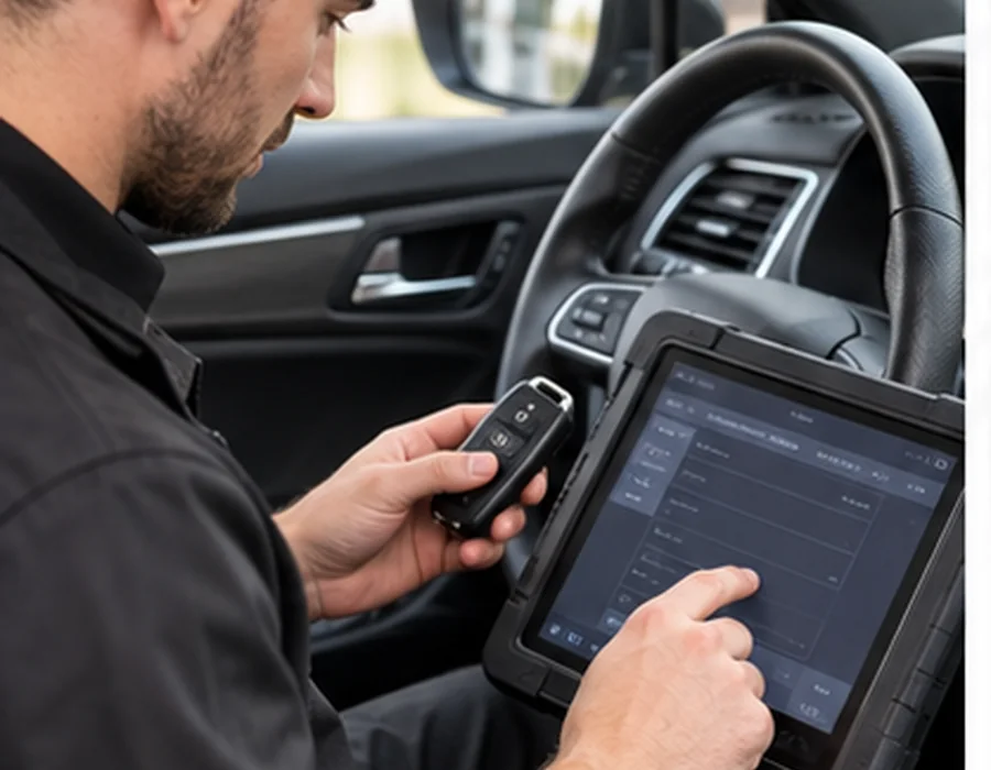 Techniker programmiert einen Autoschlüssel mit Diagnosegerät